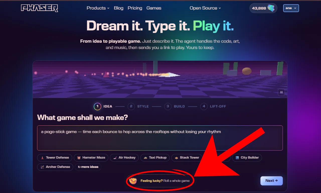 Phaser Game Agent interface asking for a one-sentence game idea